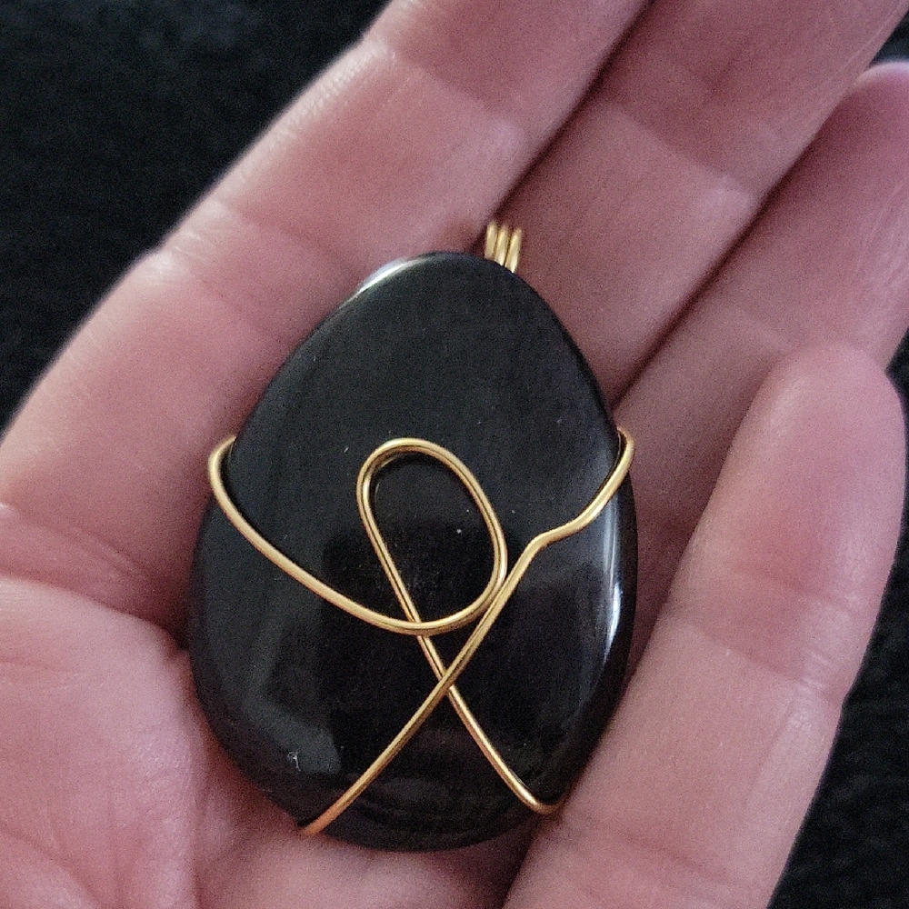 Elegant Black Obsidian and Gold Wire Wrapped Pendant